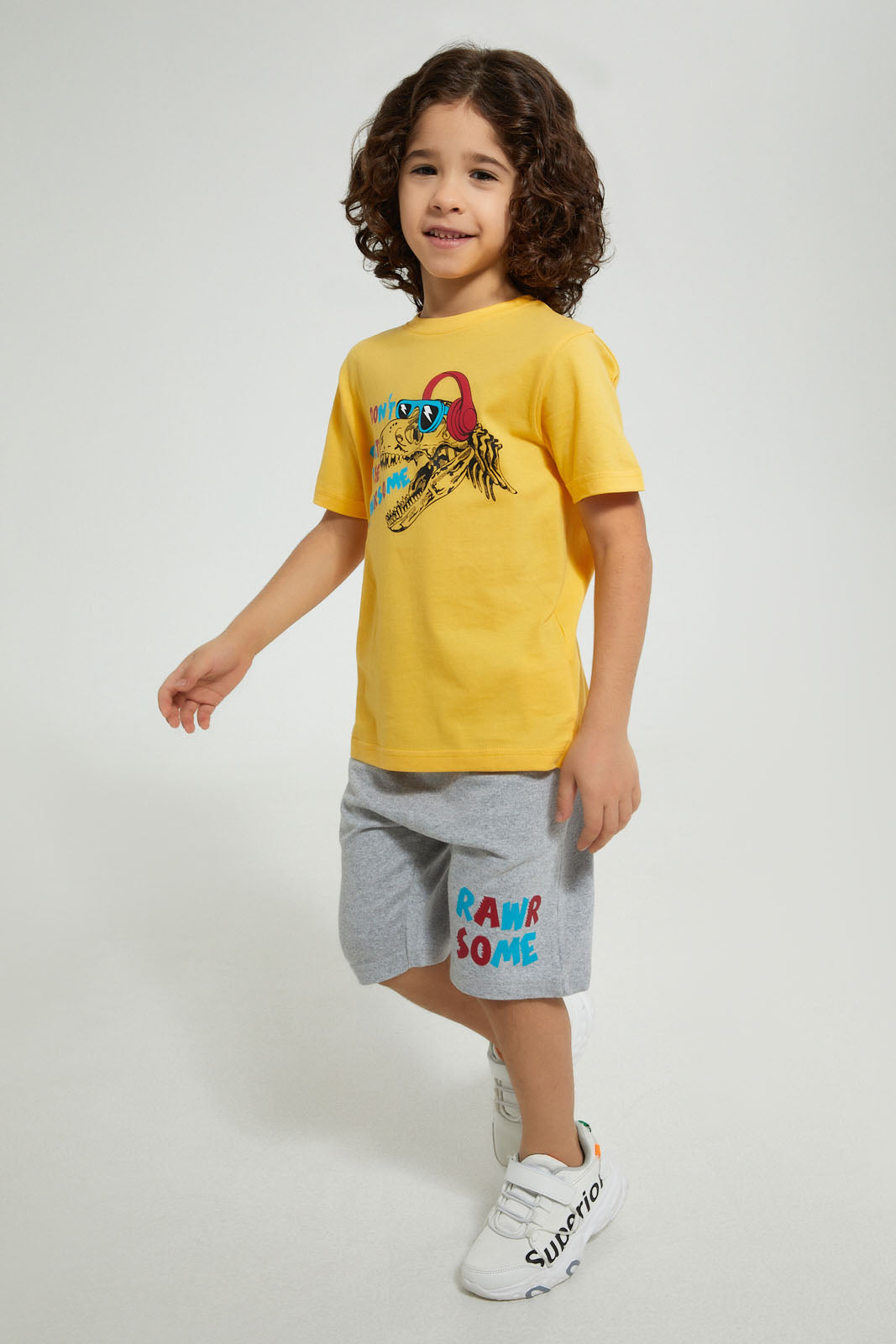 Redtag-Gold-Dino-Print-T-Shirt-And-Shorts-Set-Sets-Boys-2 to 8 Years