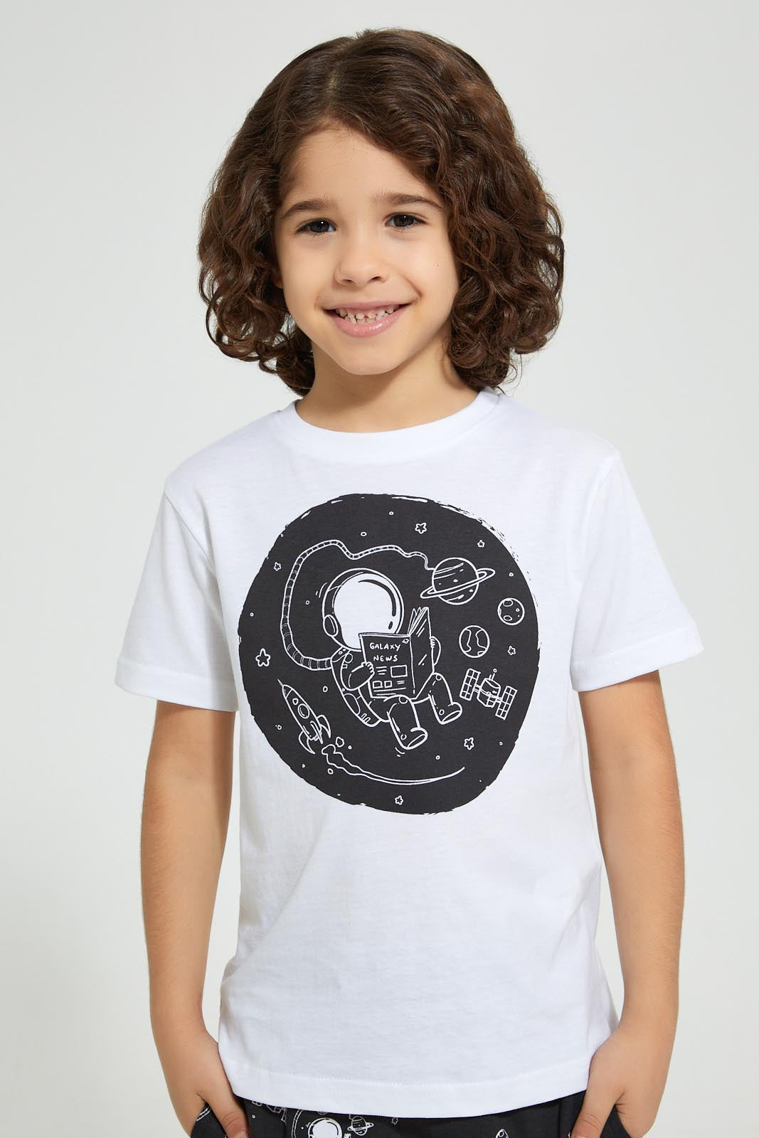 Redtag-White-Astronaut-Print-T-Shirt-And-Shorts-Set-Sets-Boys-2 to 8 Years
