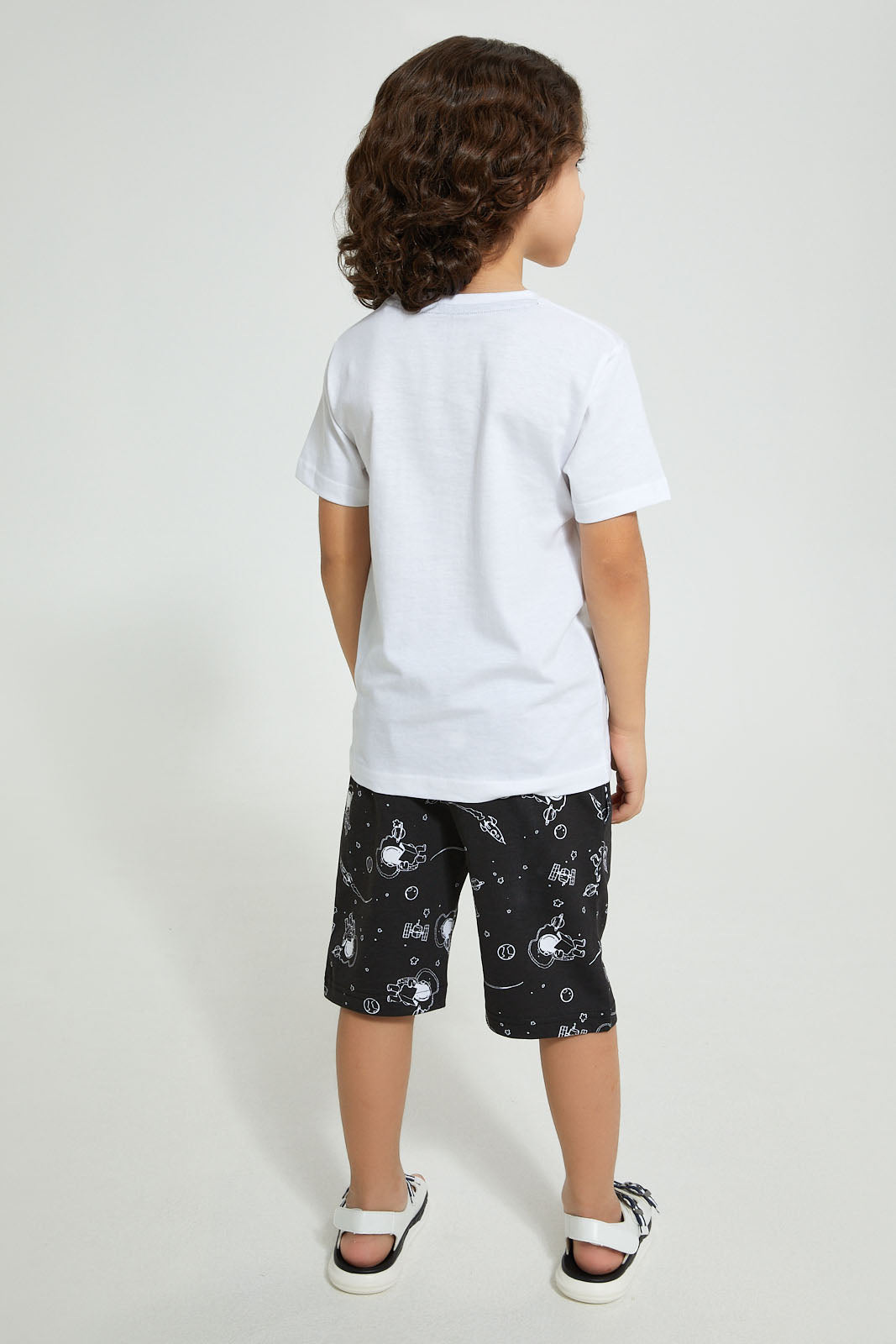 Redtag-White-Astronaut-Print-T-Shirt-And-Shorts-Set-Sets-Boys-2 to 8 Years