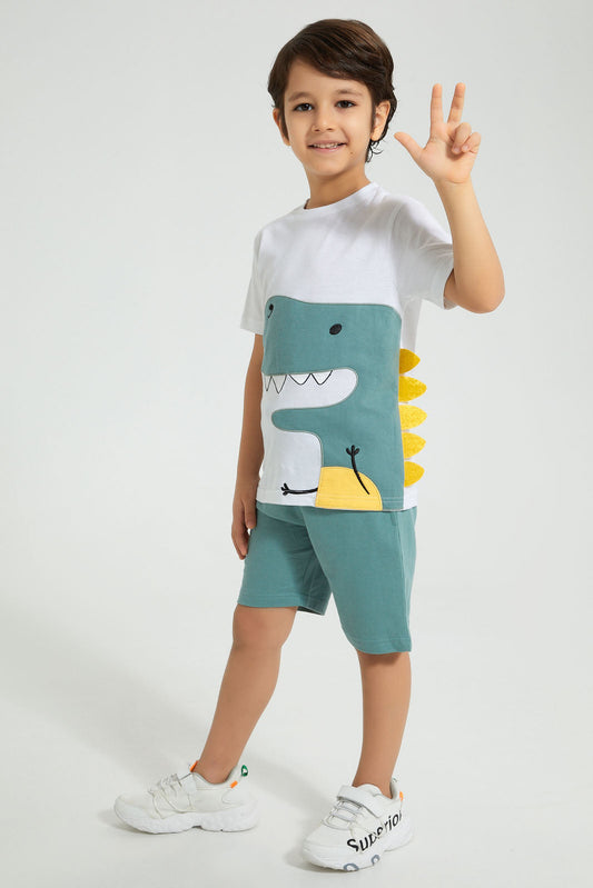 Redtag-White-Dino-Applique-T-Shirt-And-Shorts-Set-Sets-Boys-2 to 8 Years