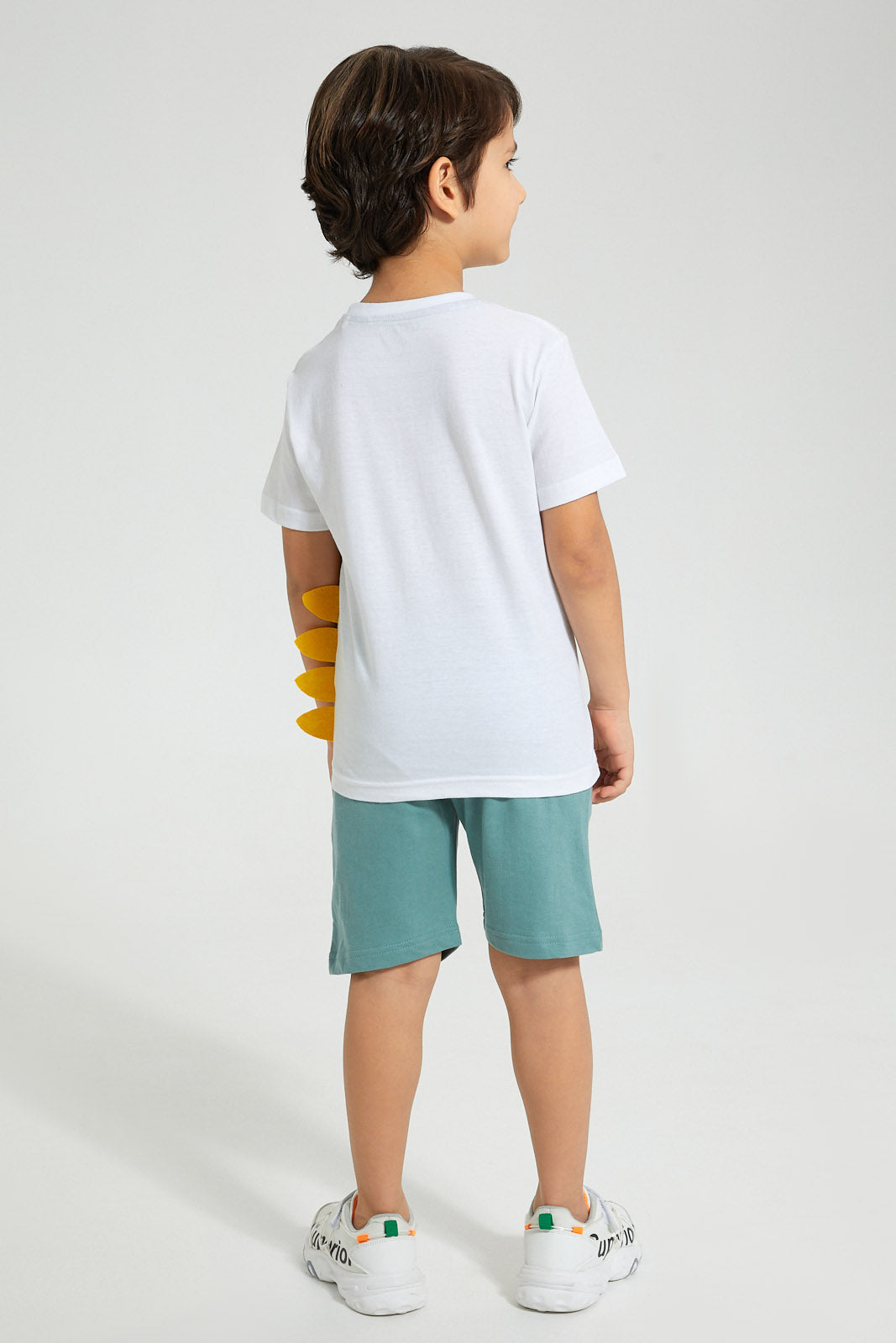 Redtag-White-Dino-Applique-T-Shirt-And-Shorts-Set-Sets-Boys-2 to 8 Years