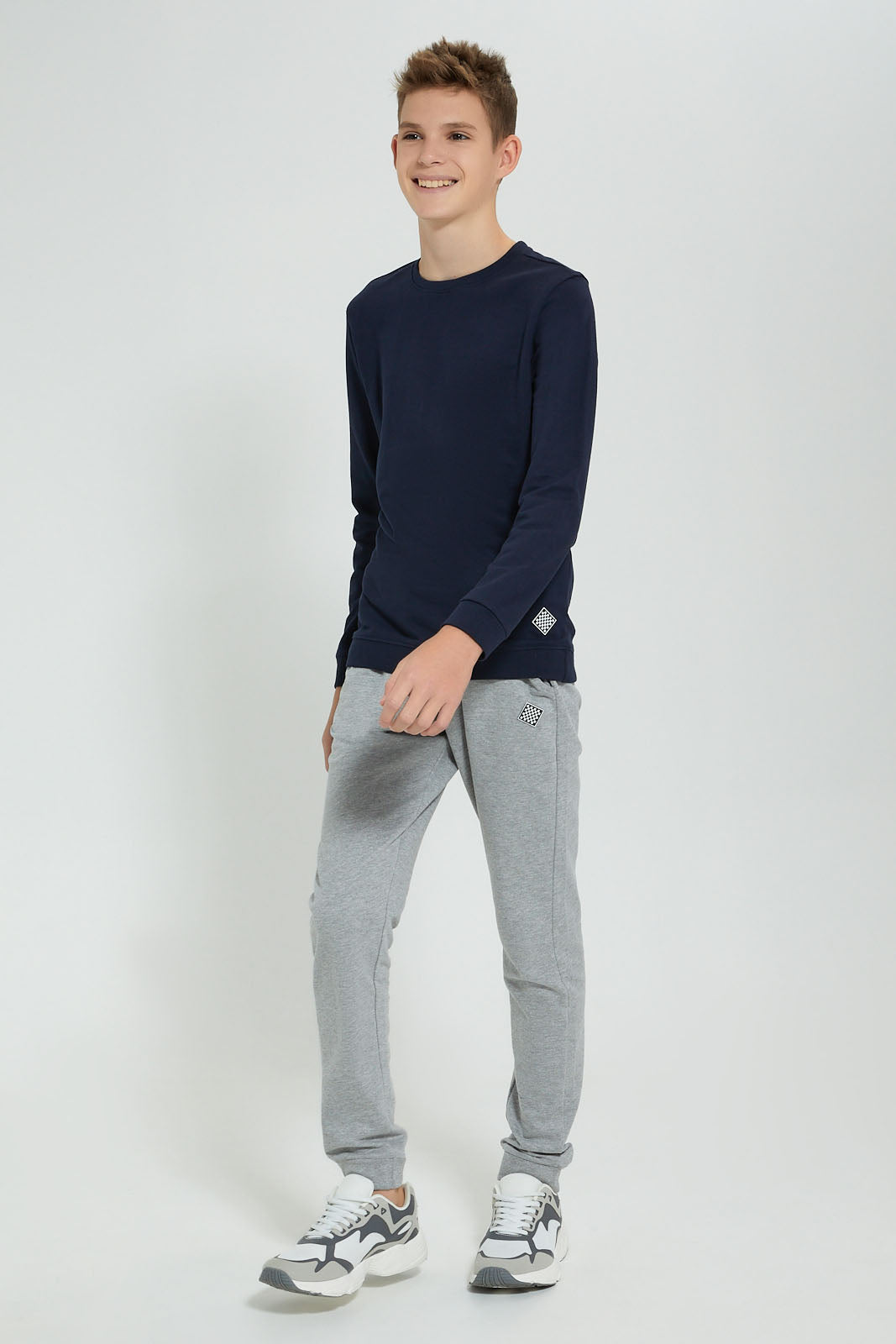 Redtag-Navy-Plain-Sweat-T-Shirt-Long-Sleeves-Senior-Boys-9 to 14 Years