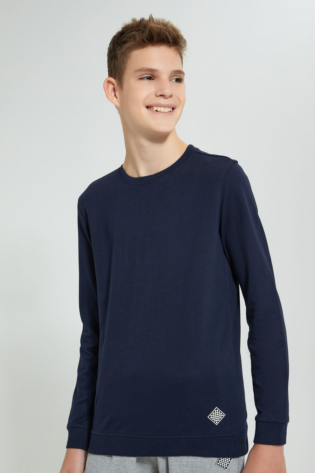 Redtag-Navy-Plain-Sweat-T-Shirt-Long-Sleeves-Senior-Boys-9 to 14 Years