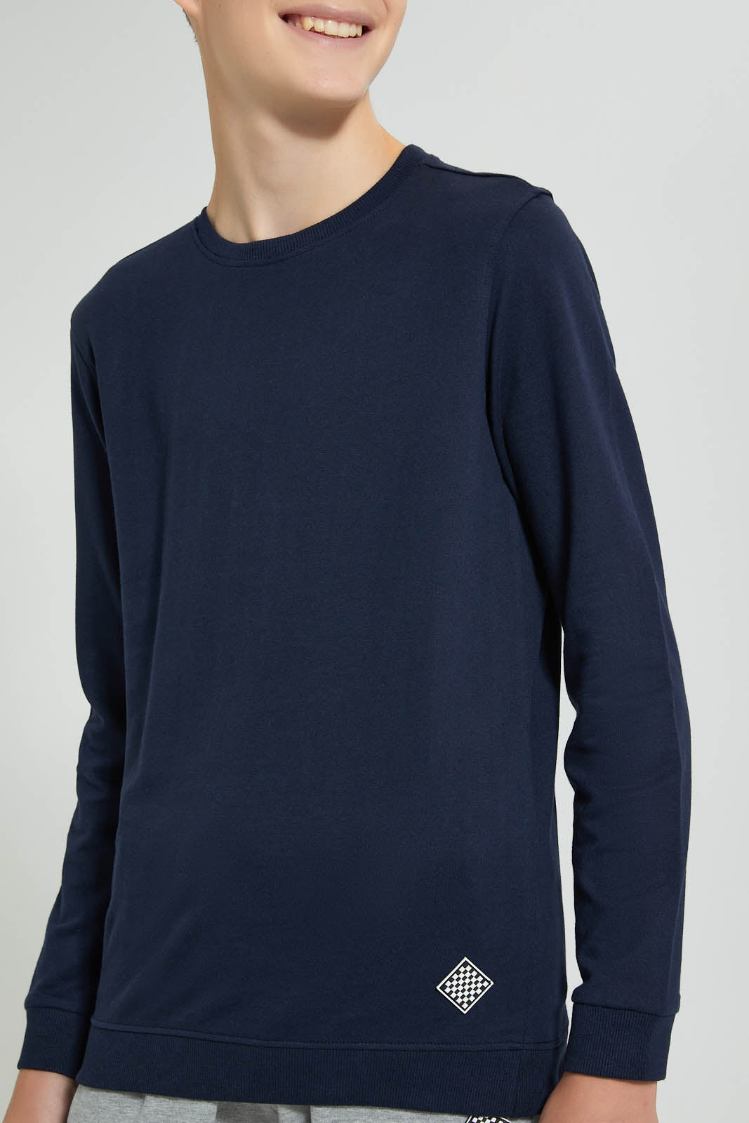 Redtag-Navy-Plain-Sweat-T-Shirt-Long-Sleeves-Senior-Boys-9 to 14 Years