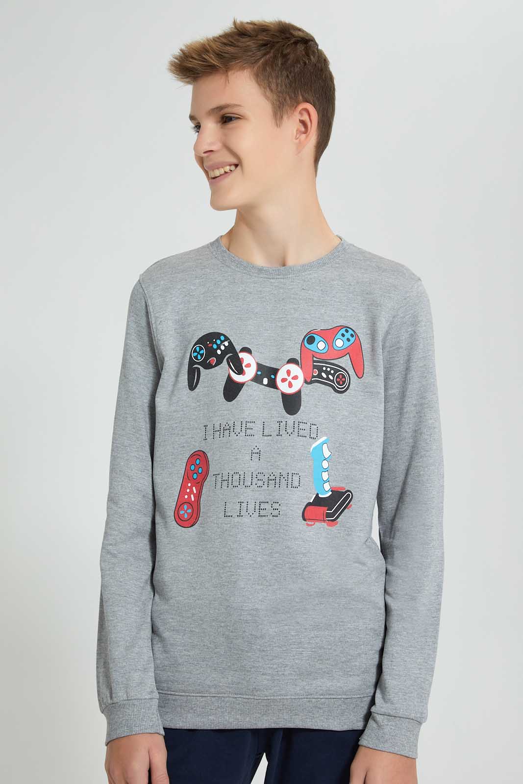 Redtag-Grey-Thousand-Lives-Sweat-T-Shirt-Long-Sleeves-Senior-Boys-9 to 14 Years
