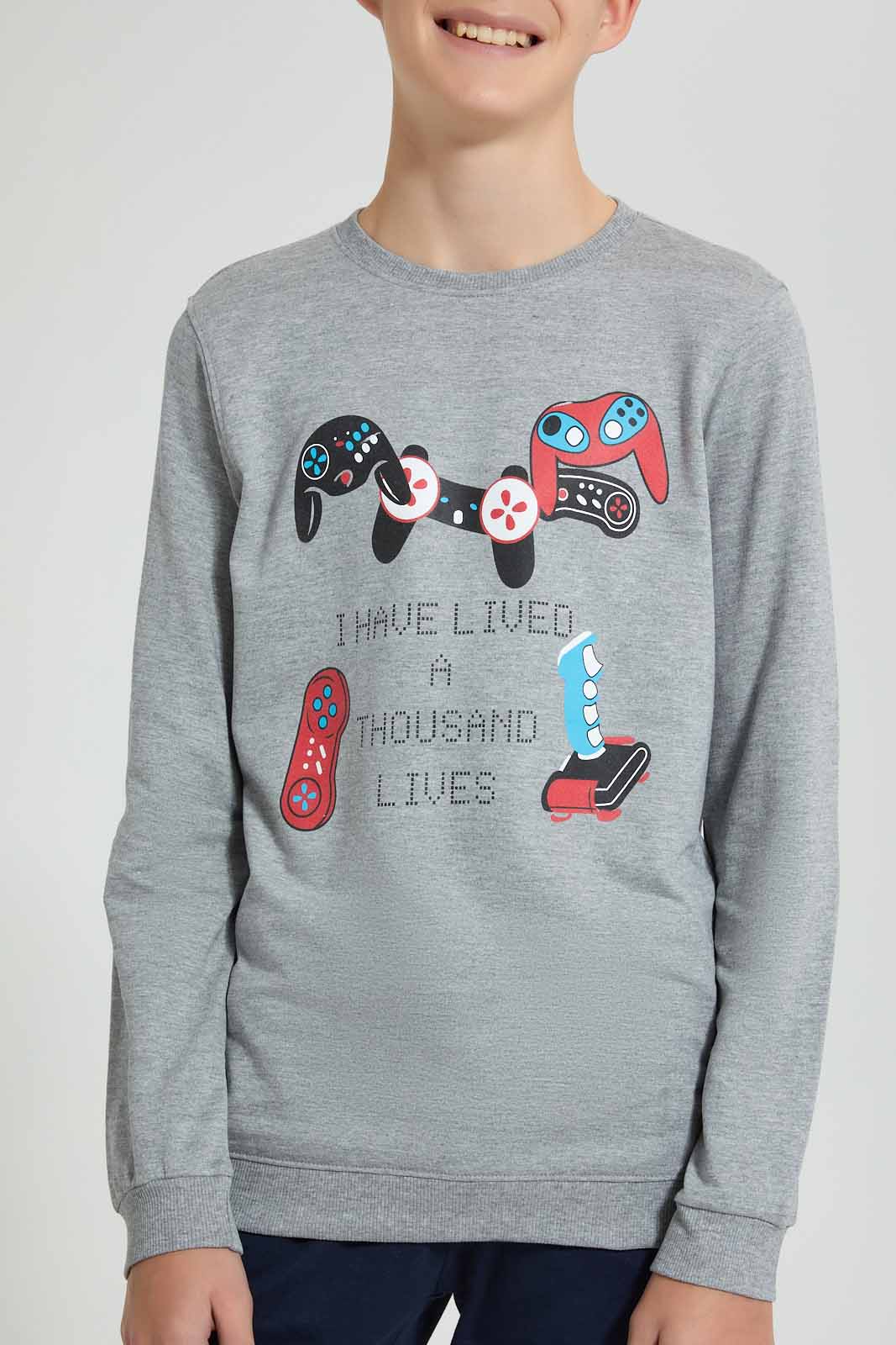 Redtag-Grey-Thousand-Lives-Sweat-T-Shirt-Long-Sleeves-Senior-Boys-9 to 14 Years