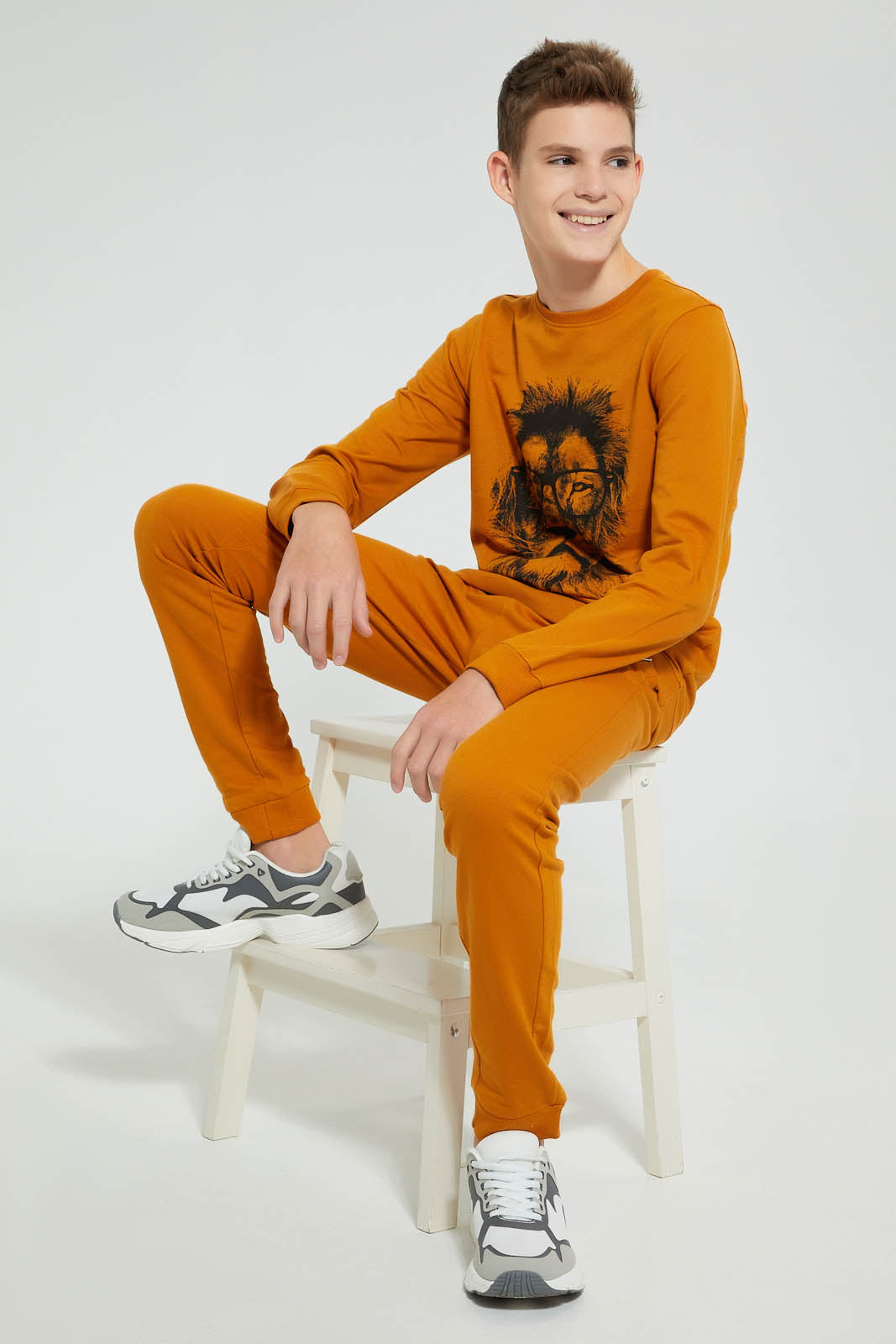 Redtag-Mustard-Lion-Face-Sweat-T-Shirt-Long-Sleeves-Senior-Boys-9 to 14 Years