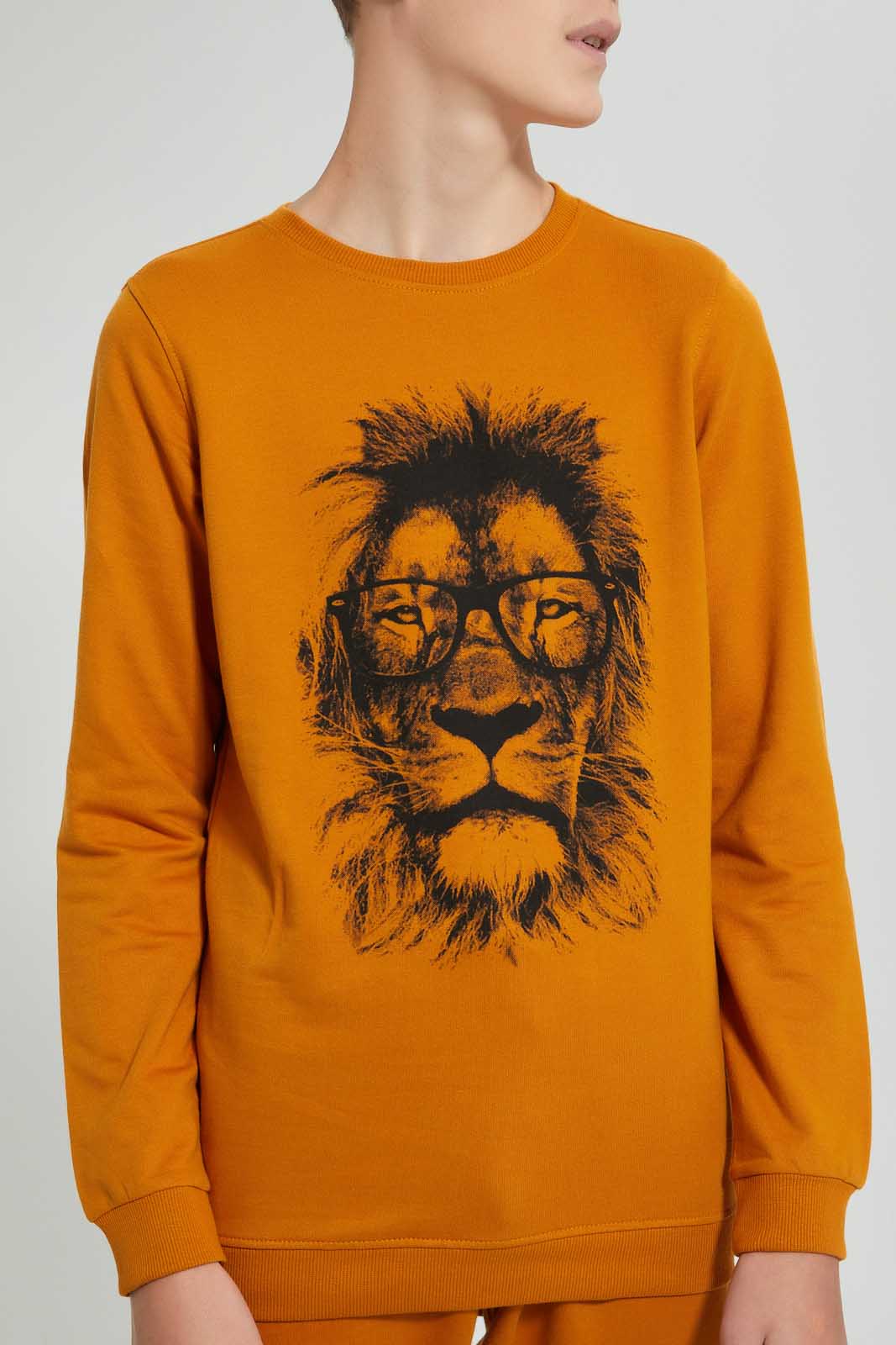 Redtag-Mustard-Lion-Face-Sweat-T-Shirt-Long-Sleeves-Senior-Boys-9 to 14 Years