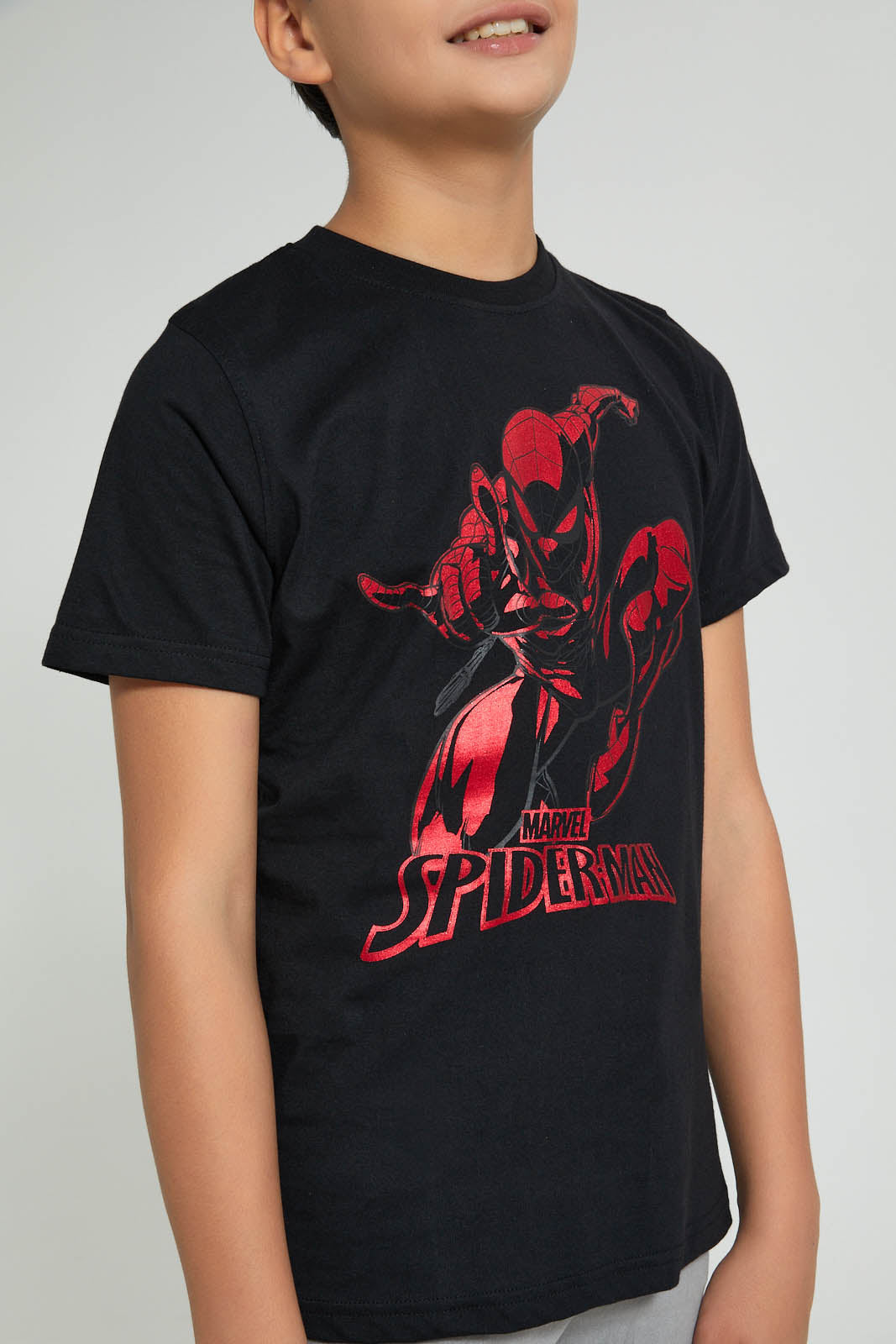 Redtag-Black-Spiderman-T-Shirt-Graphic-Prints-Senior-Boys-9 to 14 Years