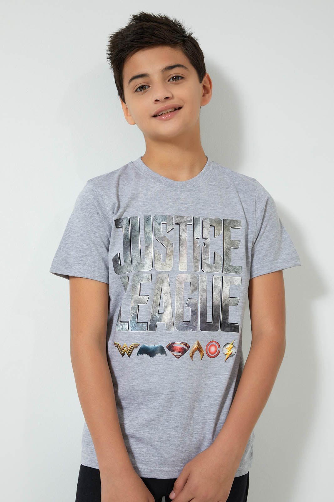 Redtag-Grey-Justice-League-T-Shirt-Graphic-Prints-Senior-Boys-9 to 14 Years