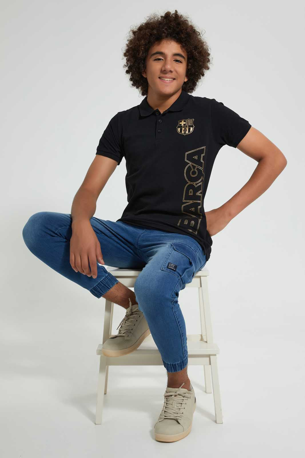 Redtag-Black-Barca-Polo-Polo-Shirts-Senior-Boys-9 to 14 Years