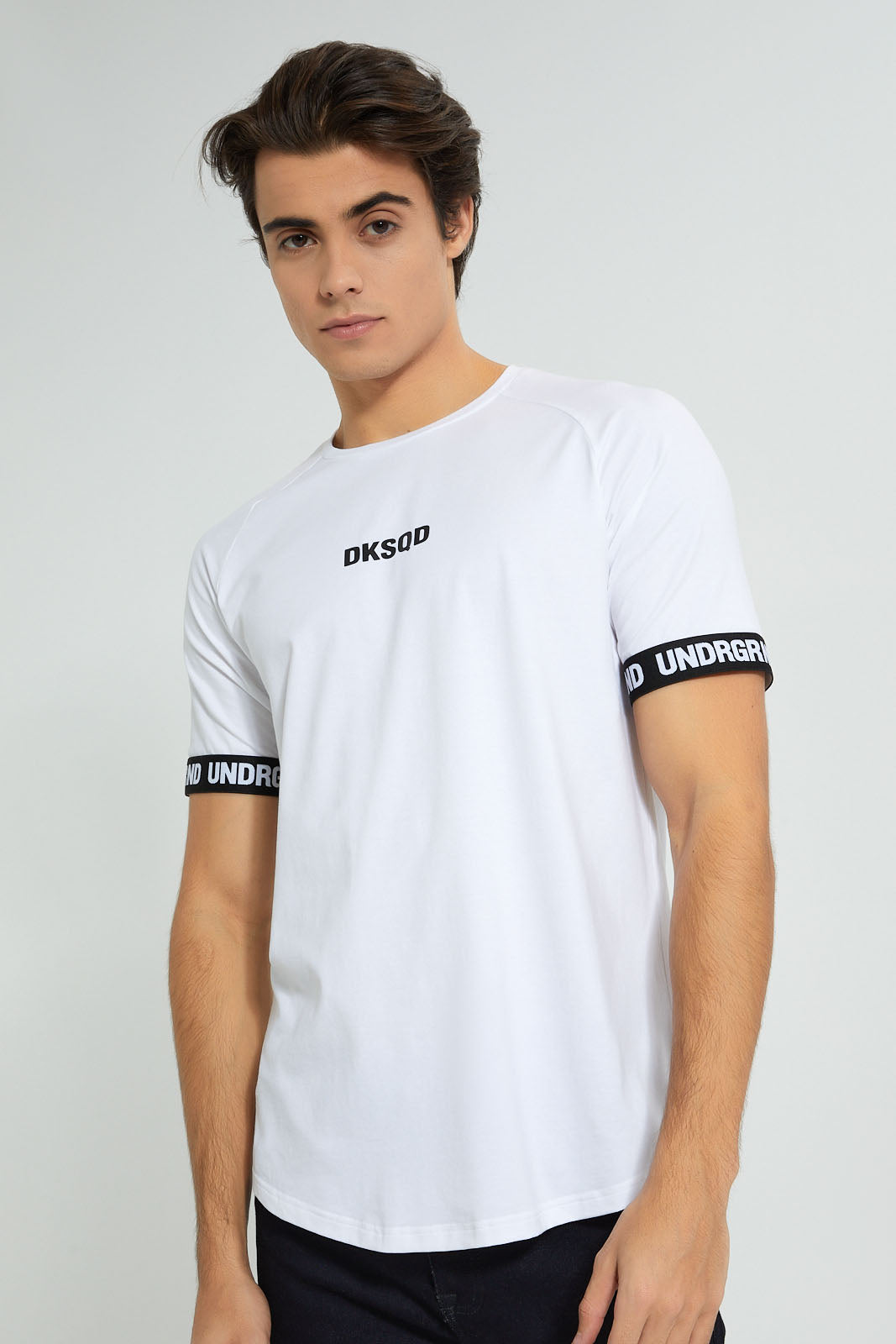 Redtag-White-Stretch-T-Shirt-With-Cuff-Tape-Graphic-Prints-Men's-