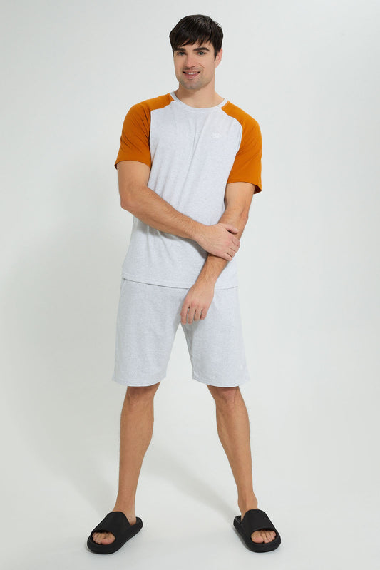 Redtag-Ecru-Reglan-Sleeve-Night-Suit-With-Chest-Logo-Pyjama-Sets-Men's-