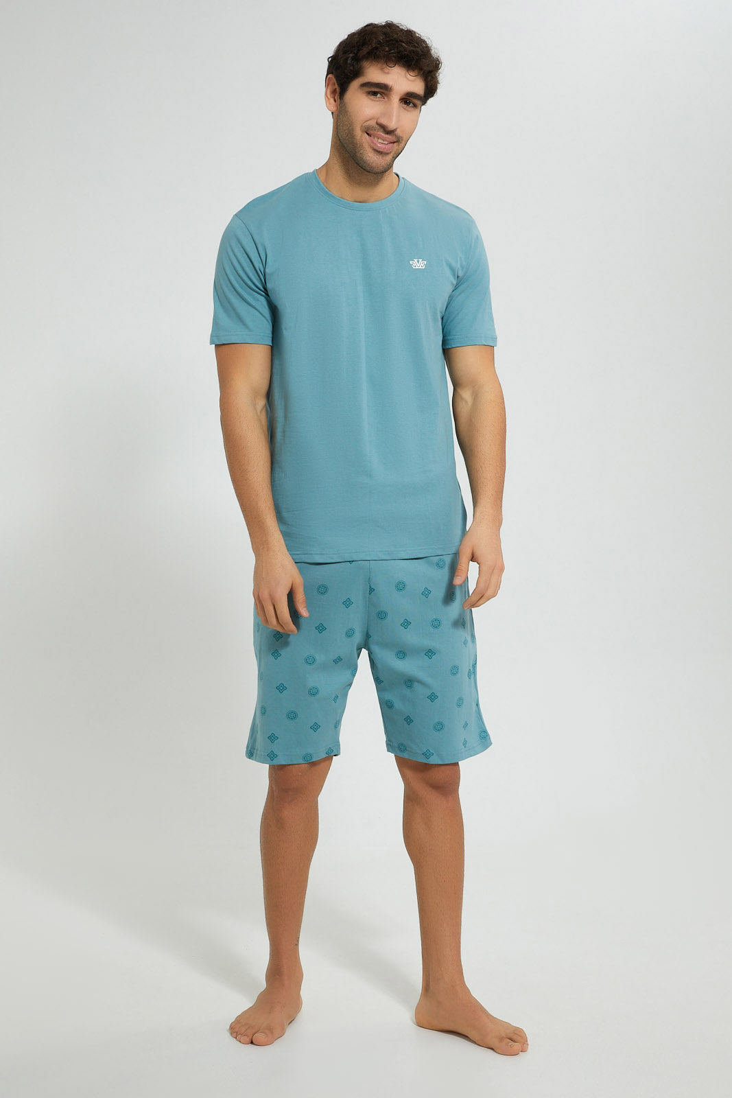 Redtag-Green-Night-Suit-With-Printed-Shorts-Pyjama-Sets-Men's-