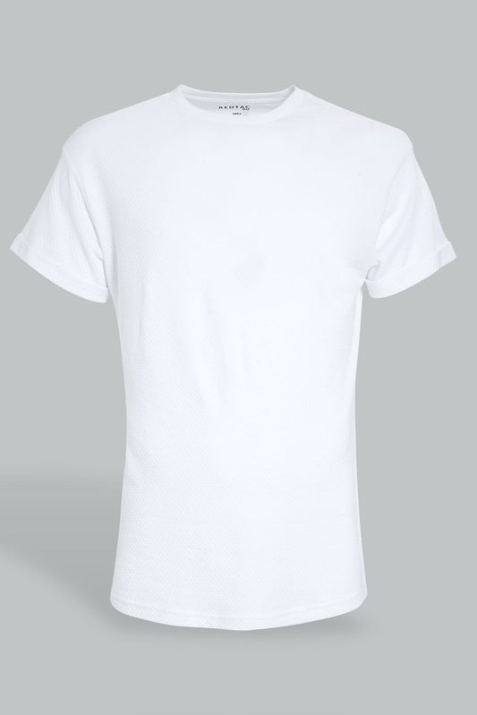 Redtag-White-Jacquard-Fabric-T-Shirt-Plain-Men's-