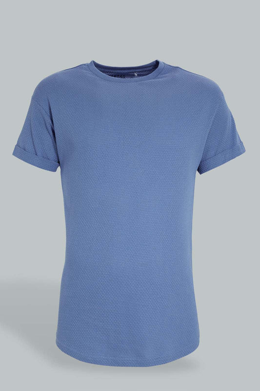 Redtag-Blue-Jacquard-Fabric-T-Shirt-Plain-Men's-