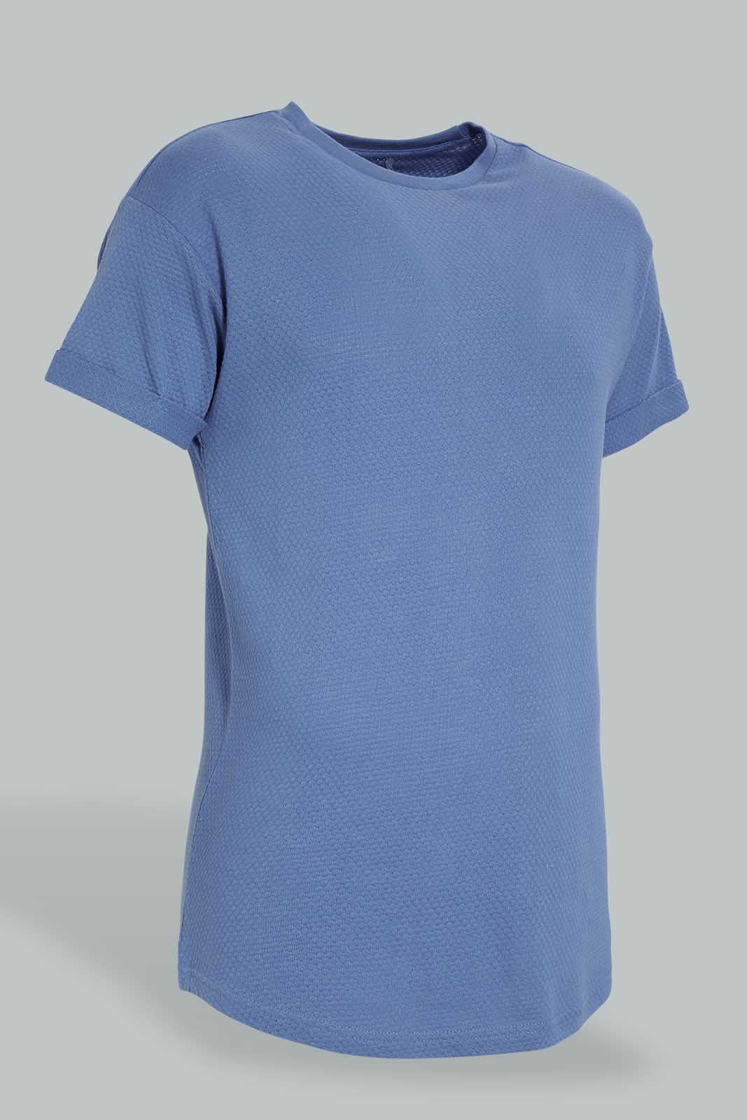 Redtag-Blue-Jacquard-Fabric-T-Shirt-Plain-Men's-
