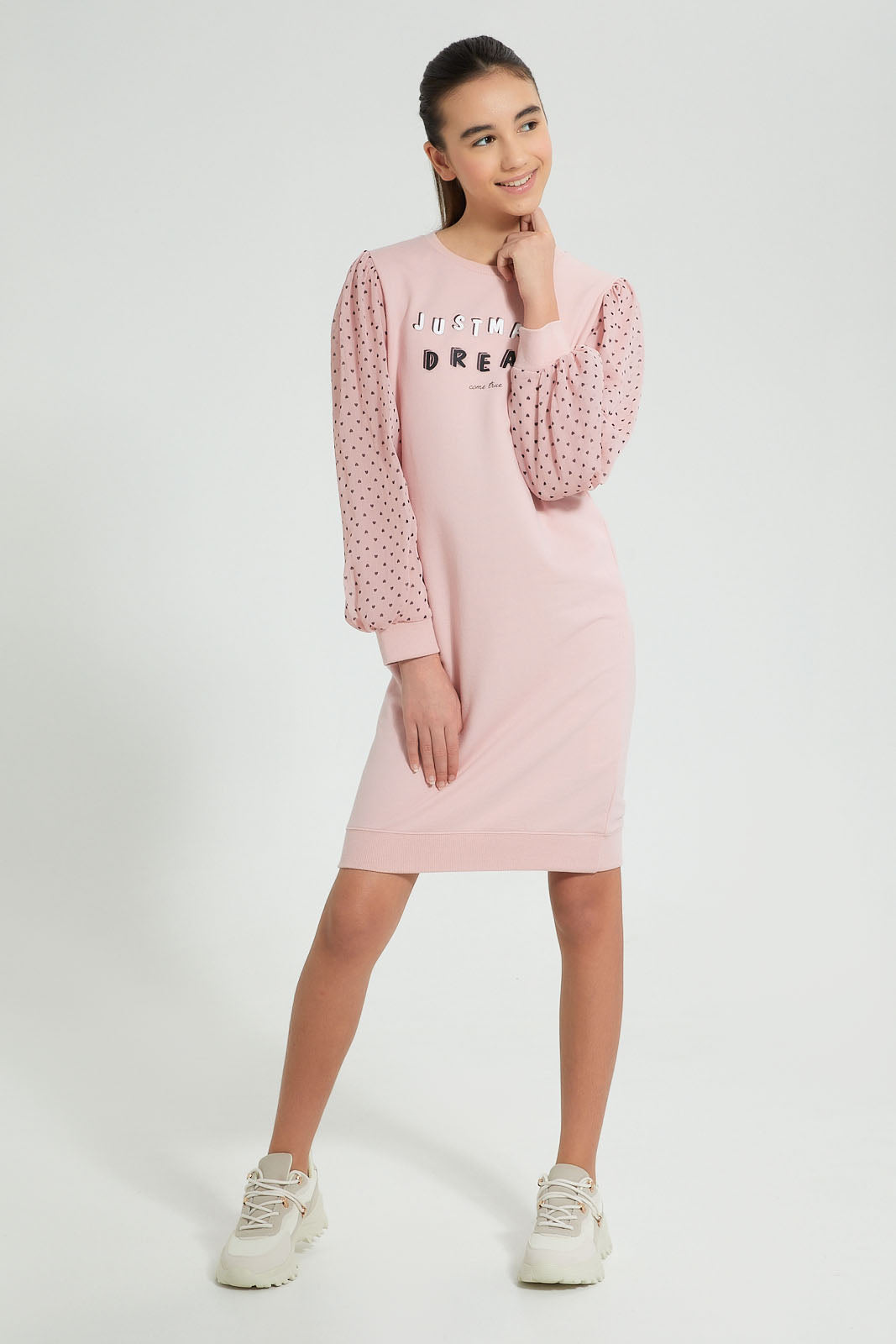 Redtag-Pink-SweaT-Shirt-Dress-With-Chiffon-Sleeve-Dresses-Senior-Girls-9 to 14 Years