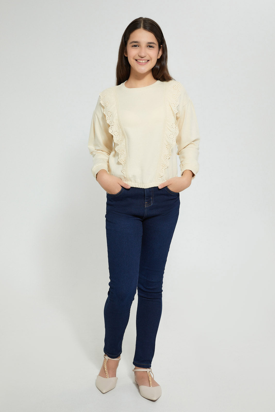 Redtag-Beige-Sweatshirt-With-Woven-Contrast-Sweatshirts-Senior-Girls-9 to 14 Years