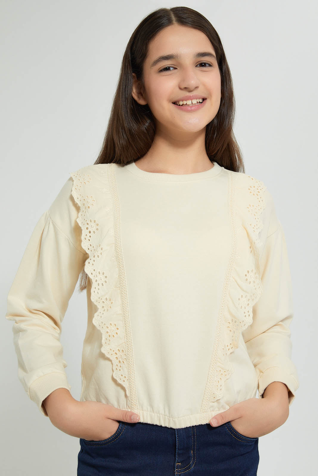 Redtag-Beige-Sweatshirt-With-Woven-Contrast-Sweatshirts-Senior-Girls-9 to 14 Years