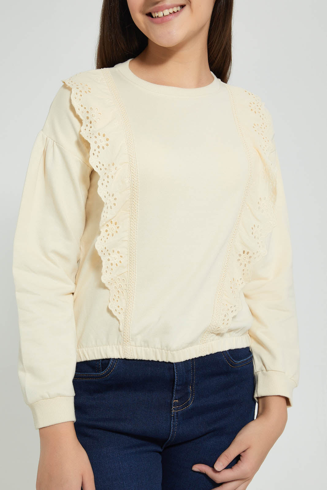 Redtag-Beige-Sweatshirt-With-Woven-Contrast-Sweatshirts-Senior-Girls-9 to 14 Years