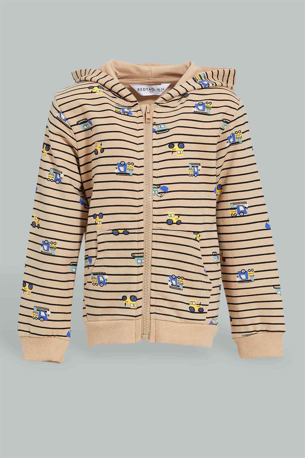 Redtag-Beige-Car-Printed-Hoody-Zipper-Sweatshirt-Sweatshirts-Infant-Boys-3 to 24 Months