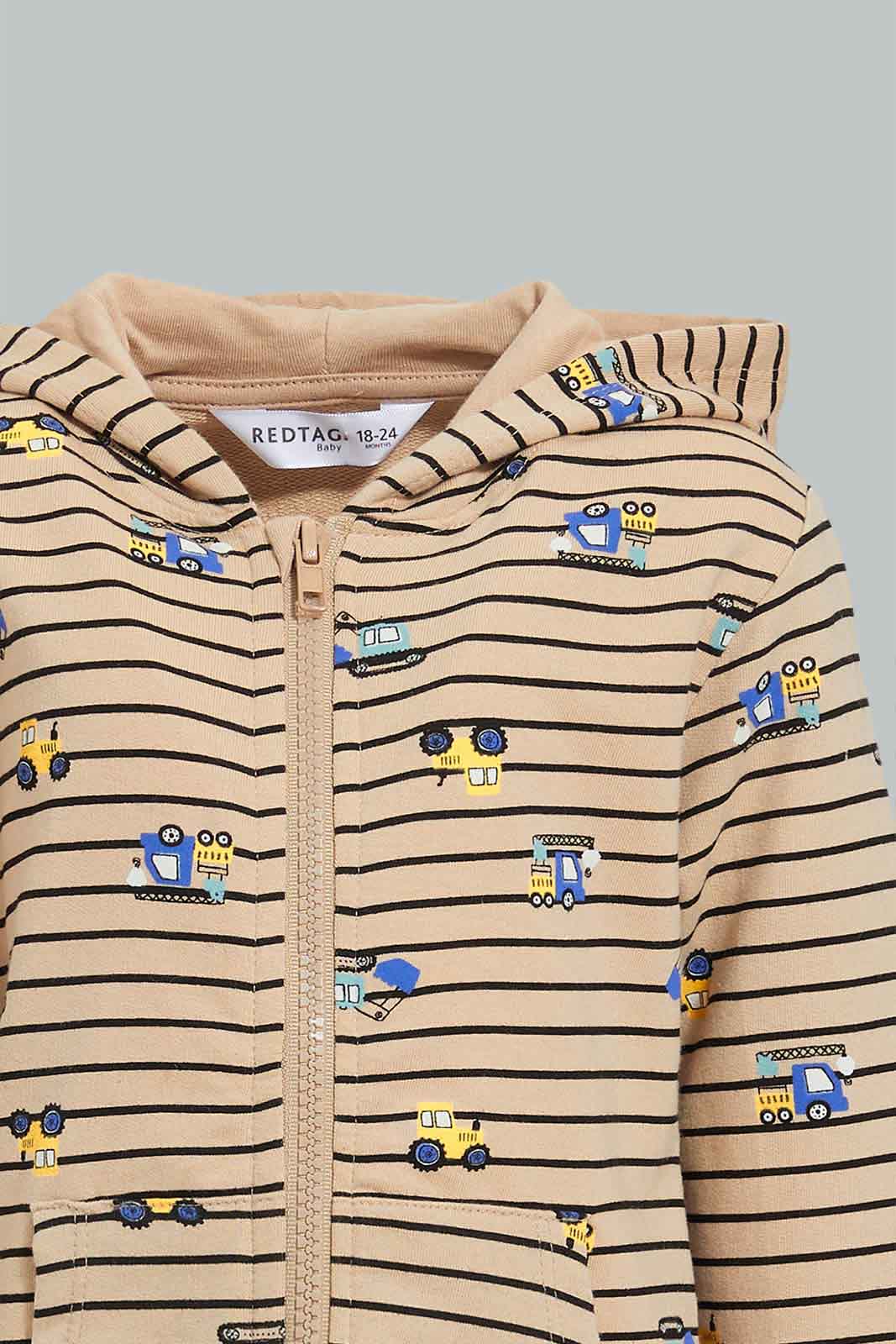 Redtag-Beige-Car-Printed-Hoody-Zipper-Sweatshirt-Sweatshirts-Infant-Boys-3 to 24 Months