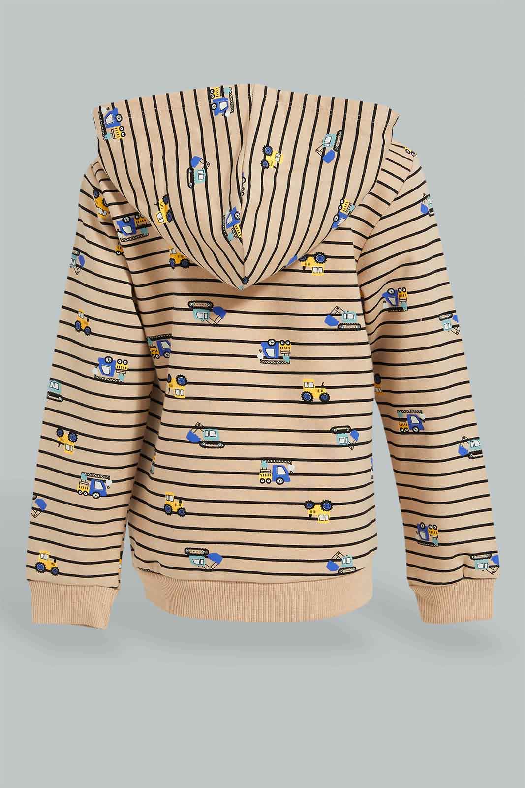 Redtag-Beige-Car-Printed-Hoody-Zipper-Sweatshirt-Sweatshirts-Infant-Boys-3 to 24 Months