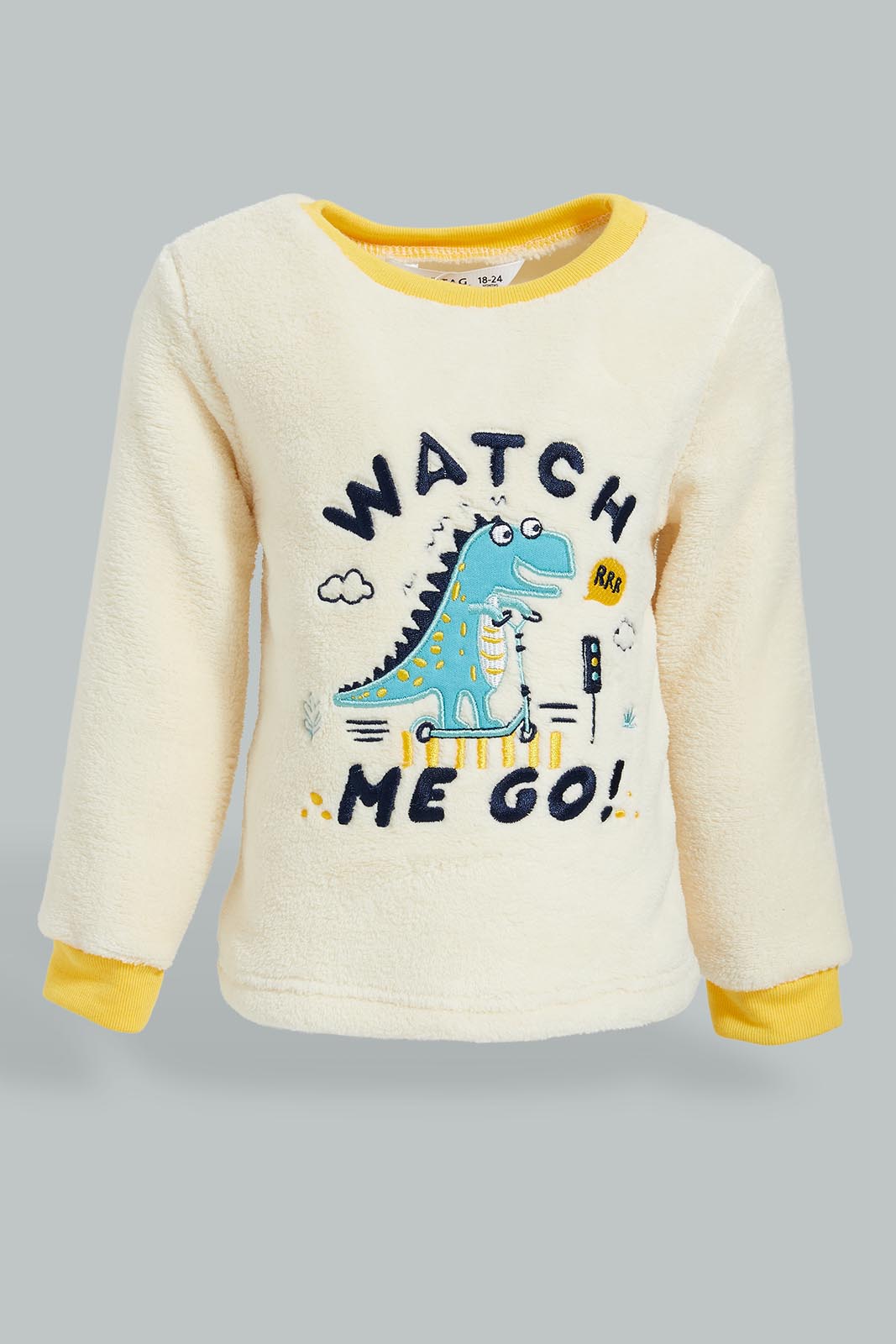 Redtag-Ecru-And-Mustard-Dino-Fluffy-2-Pack-Pj-Set-Pyjama-Sets-Infant-Boys-3 to 24 Months