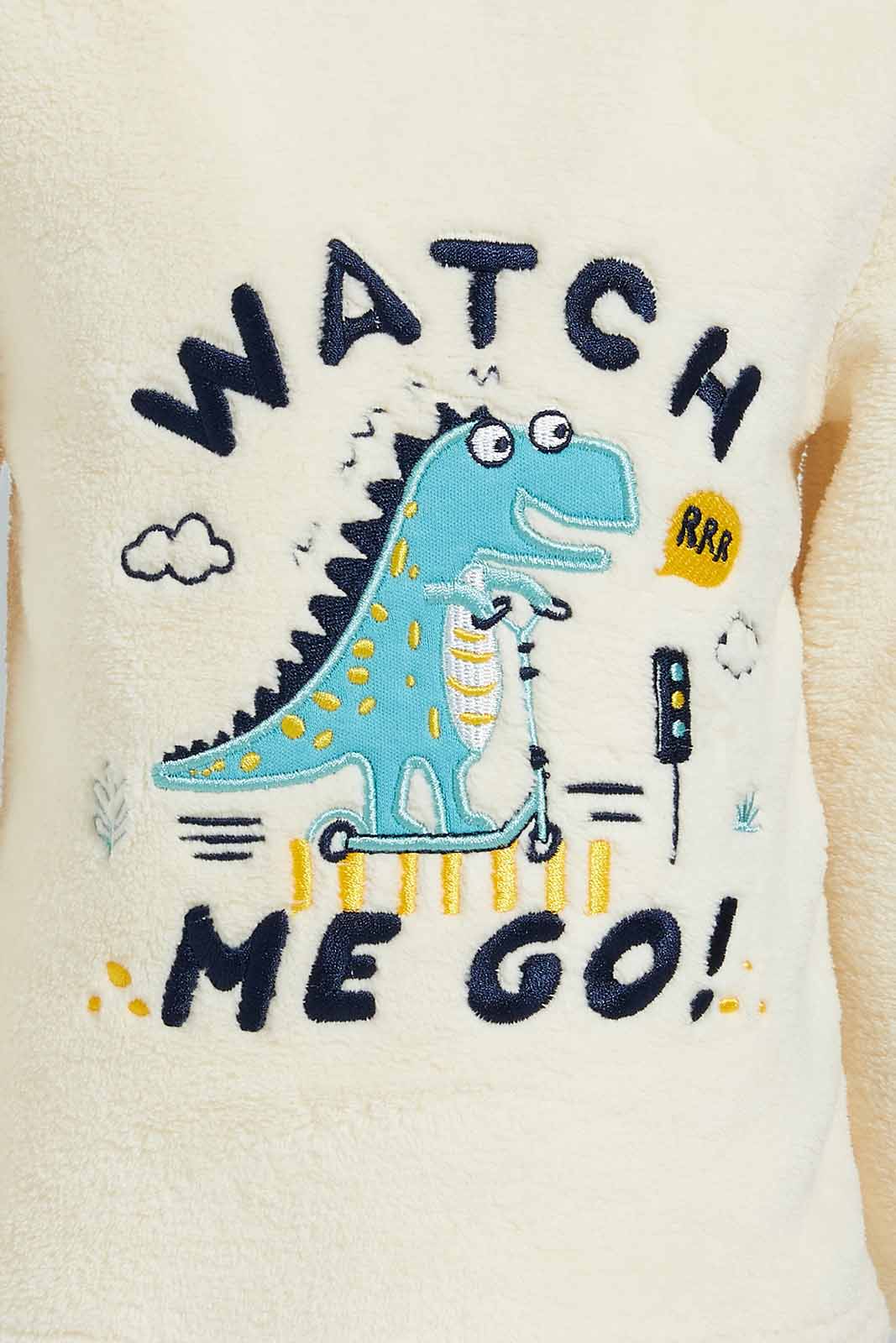 Redtag-Ecru-And-Mustard-Dino-Fluffy-2-Pack-Pj-Set-Pyjama-Sets-Infant-Boys-3 to 24 Months