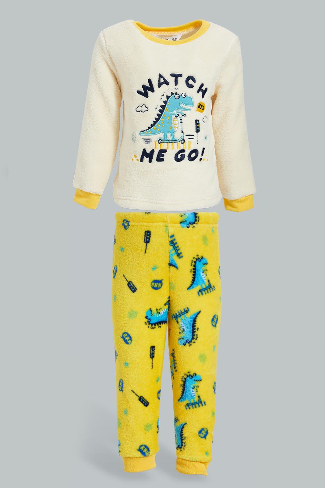 Redtag-Ecru-And-Mustard-Dino-Fluffy-2-Pack-Pj-Set-Pyjama-Sets-Infant-Boys-3 to 24 Months