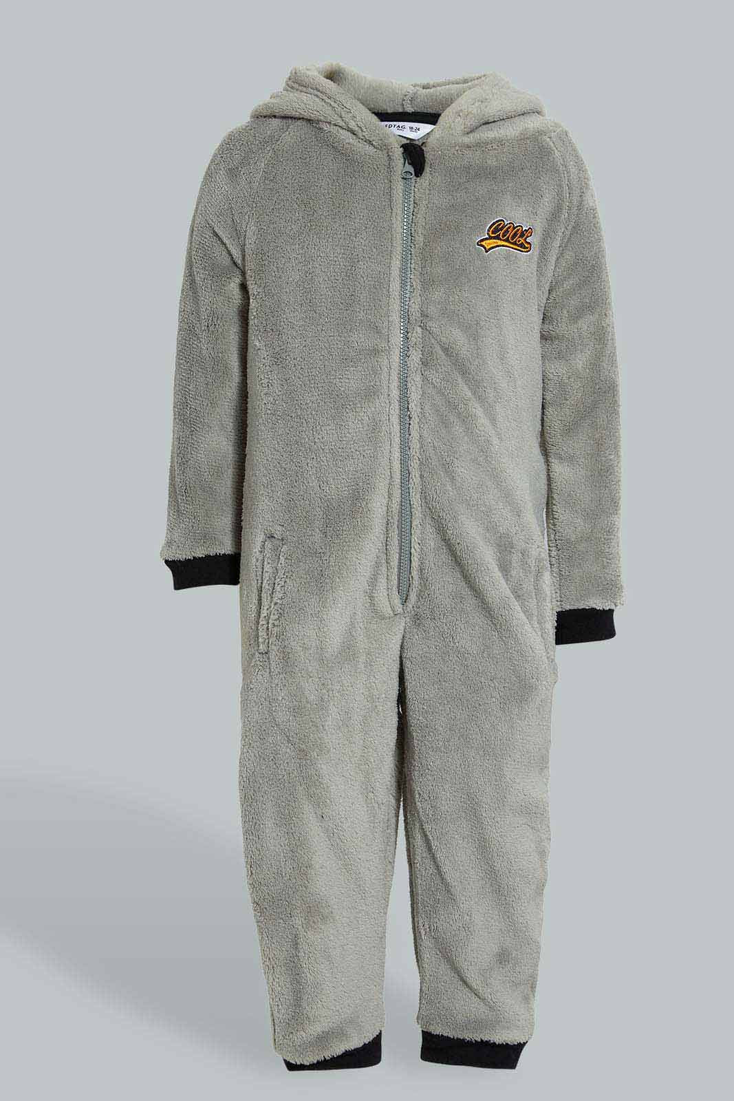 Redtag-Grey-Fluffy-Hoody-Onsie-Pj-Set-Pyjama-Sets-Infant-Boys-3 to 24 Months