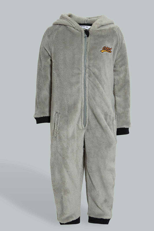 Redtag-Grey-Fluffy-Hoody-Onsie-Pj-Set-Pyjama-Sets-Infant-Boys-3 to 24 Months