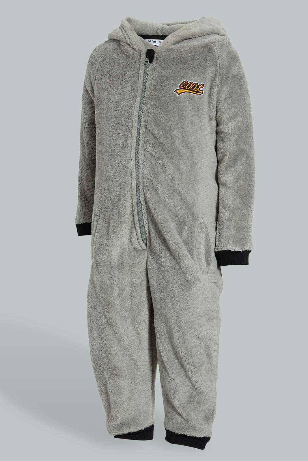 Redtag-Grey-Fluffy-Hoody-Onsie-Pj-Set-Pyjama-Sets-Infant-Boys-3 to 24 Months