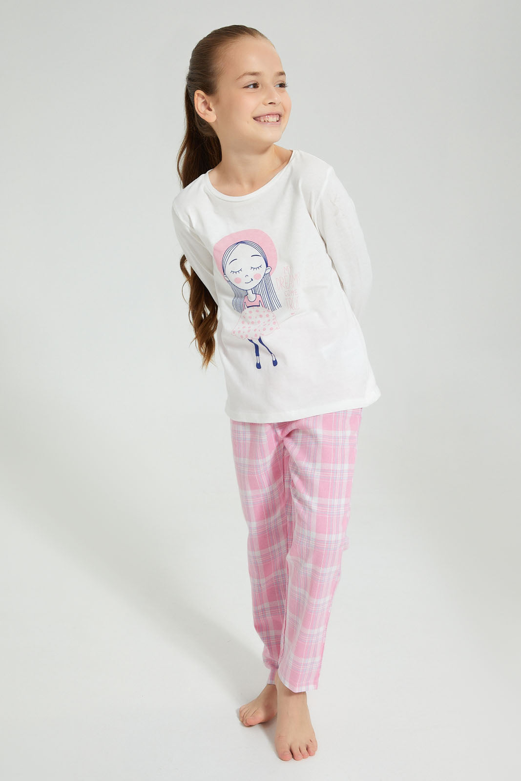 Redtag-Pink-Plaid-Flannel-Bottom-Nightsuit-Pyjama-Sets-Girls-2 to 8 Years