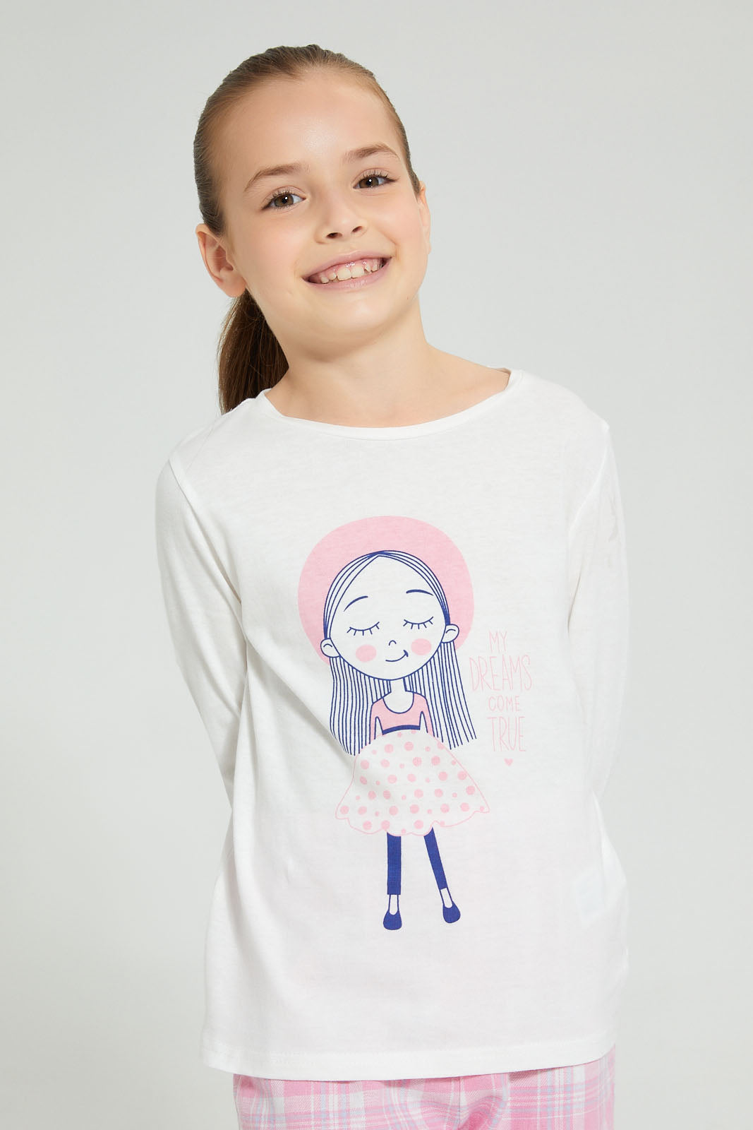 Redtag-Pink-Plaid-Flannel-Bottom-Nightsuit-Pyjama-Sets-Girls-2 to 8 Years