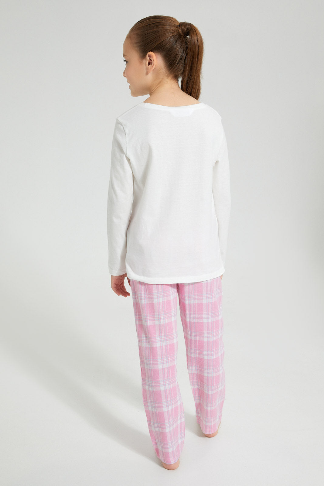 Redtag-Pink-Plaid-Flannel-Bottom-Nightsuit-Pyjama-Sets-Girls-2 to 8 Years