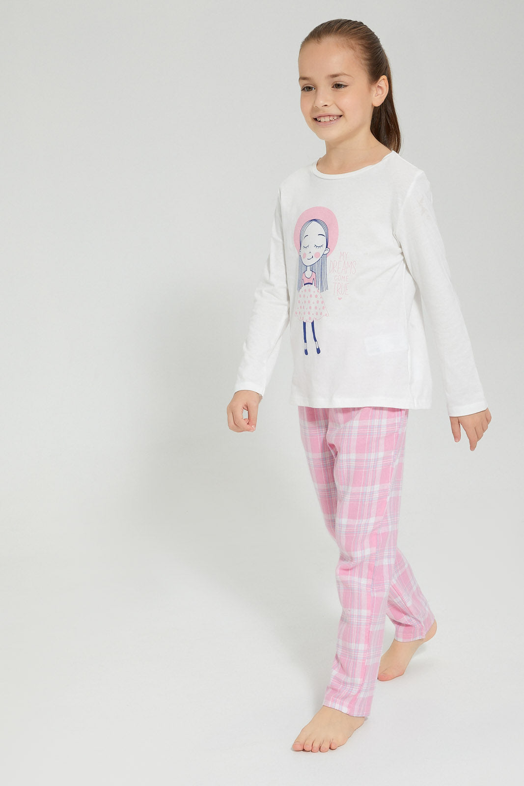 Redtag-Pink-Plaid-Flannel-Bottom-Nightsuit-Pyjama-Sets-Girls-2 to 8 Years