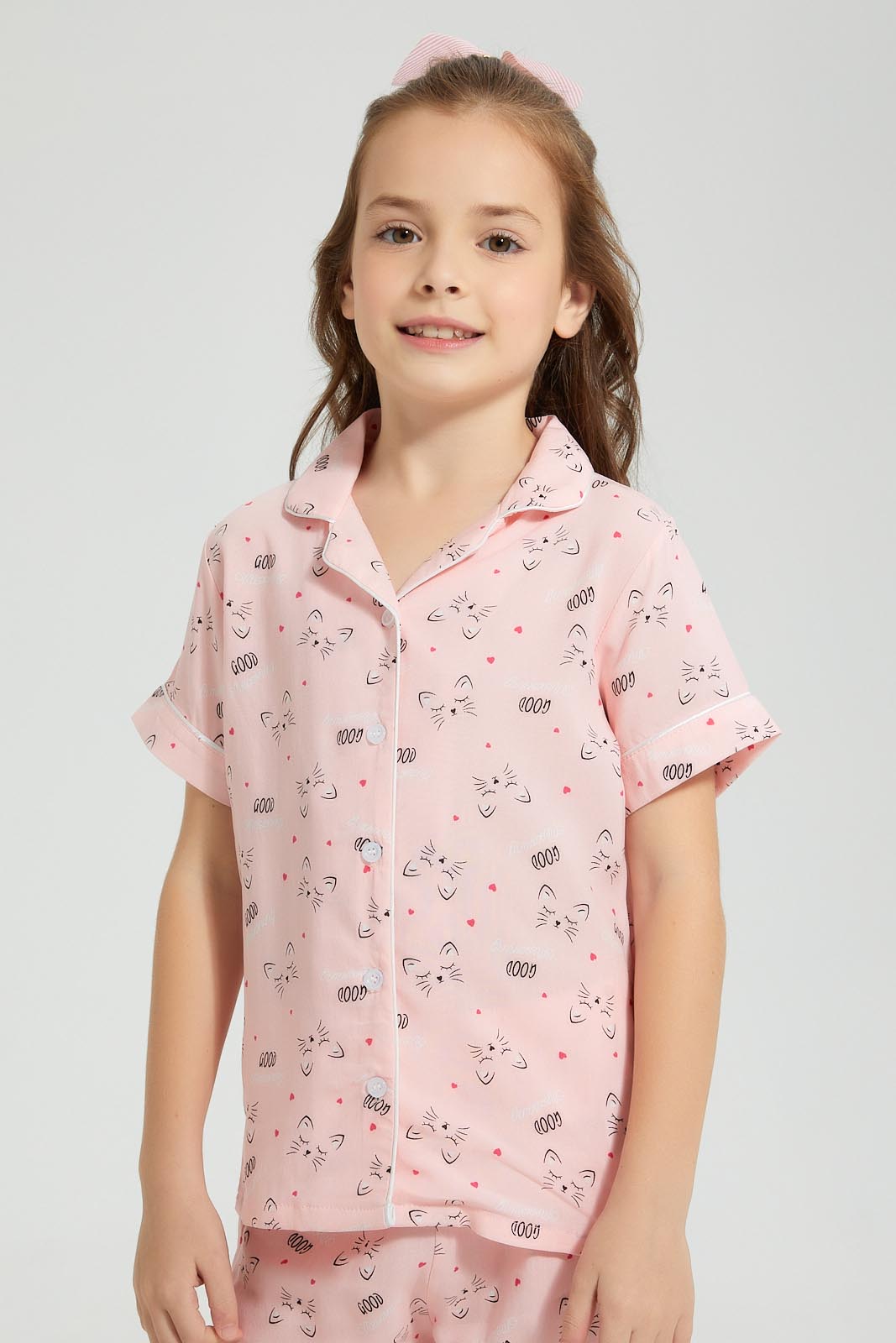 Redtag-Pink-Cat-Print-Woven-Nightsuit-Colour:Pink,-Filter:Girls-(2-to-8-Yrs),-Girls-Pyjama-Sets,-New-In,-New-In-GIR,-Non-Sale,-S22B,-Section:Kidswear-Girls-2 to 8 Years