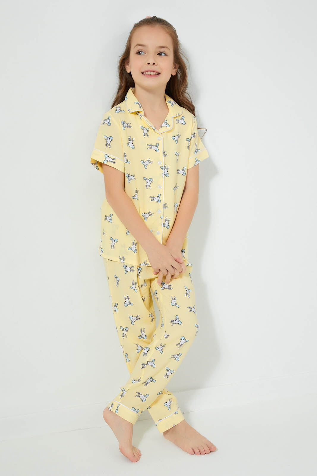 Redtag-Yellow-Bunny-Print-Woven-Nightsuit-Colour:Yellow,-Filter:Girls-(2-to-8-Yrs),-Girls-Pyjama-Sets,-New-In,-New-In-GIR,-Non-Sale,-S22B,-Section:Kidswear-Girls-2 to 8 Years