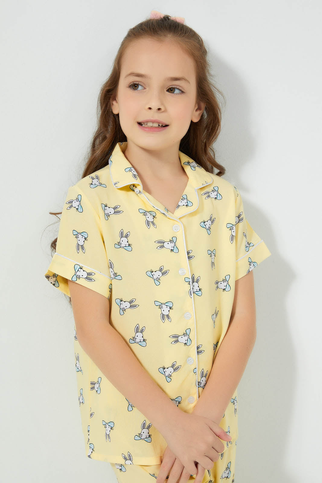 Redtag-Yellow-Bunny-Print-Woven-Nightsuit-Colour:Yellow,-Filter:Girls-(2-to-8-Yrs),-Girls-Pyjama-Sets,-New-In,-New-In-GIR,-Non-Sale,-S22B,-Section:Kidswear-Girls-2 to 8 Years