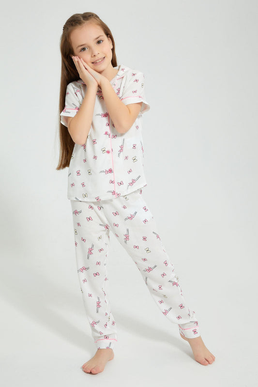 Redtag-White-Butterfly-Print-Woven-Nightsuit-Colour:White,-Filter:Girls-(2-to-8-Yrs),-Girls-Pyjama-Sets,-New-In,-New-In-GIR,-Non-Sale,-S22B,-Section:Kidswear-Girls-2 to 8 Years