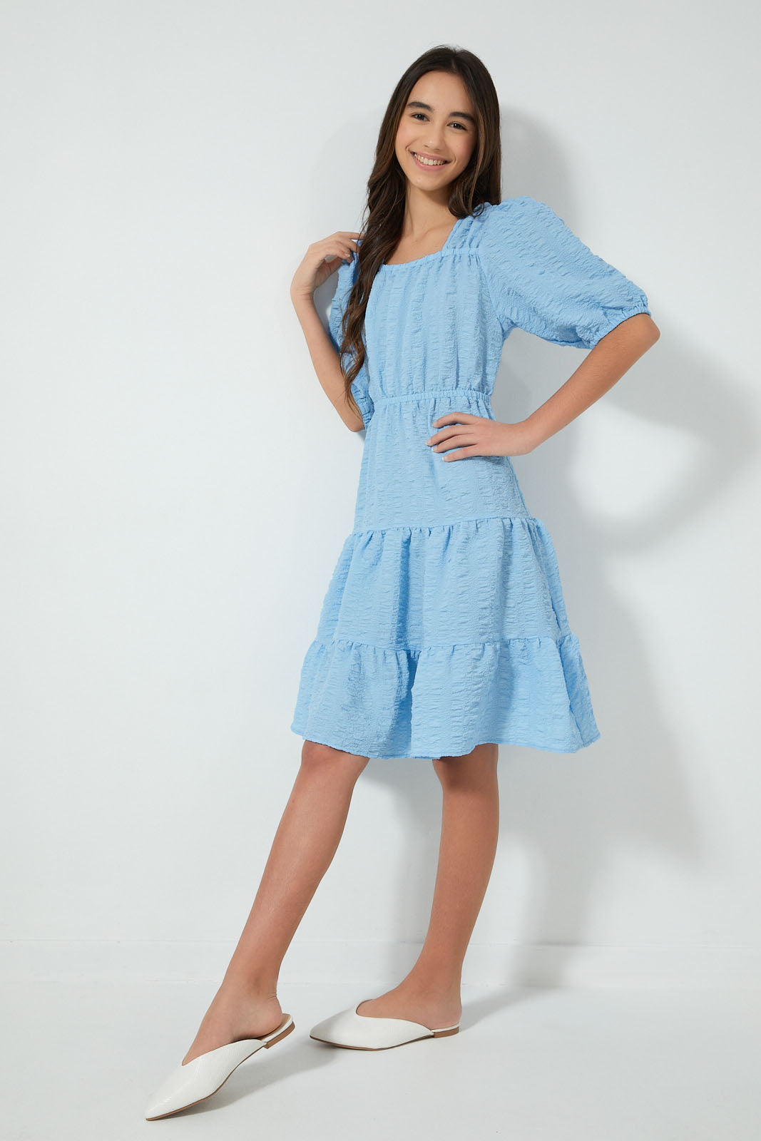 Redtag-Lt-Blue-Crinkle-Layered-Dress-Dresses-Senior-Girls-9 to 14 Years