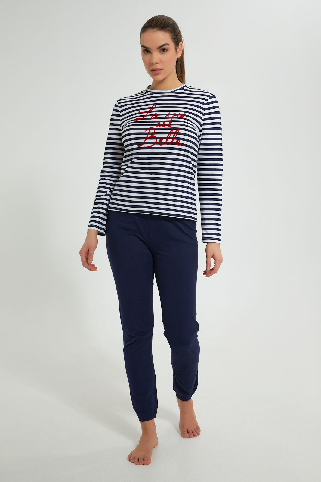 Redtag-White/Navy-Stripe-Printed-Pyjama-Set-Pyjama-Sets-Women's-