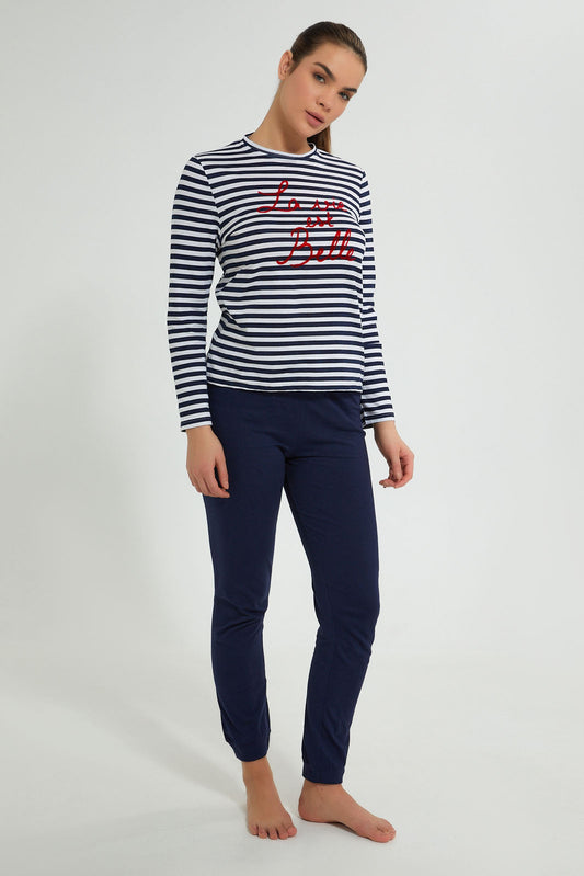 Redtag-White/Navy-Stripe-Printed-Pyjama-Set-Pyjama-Sets-Women's-