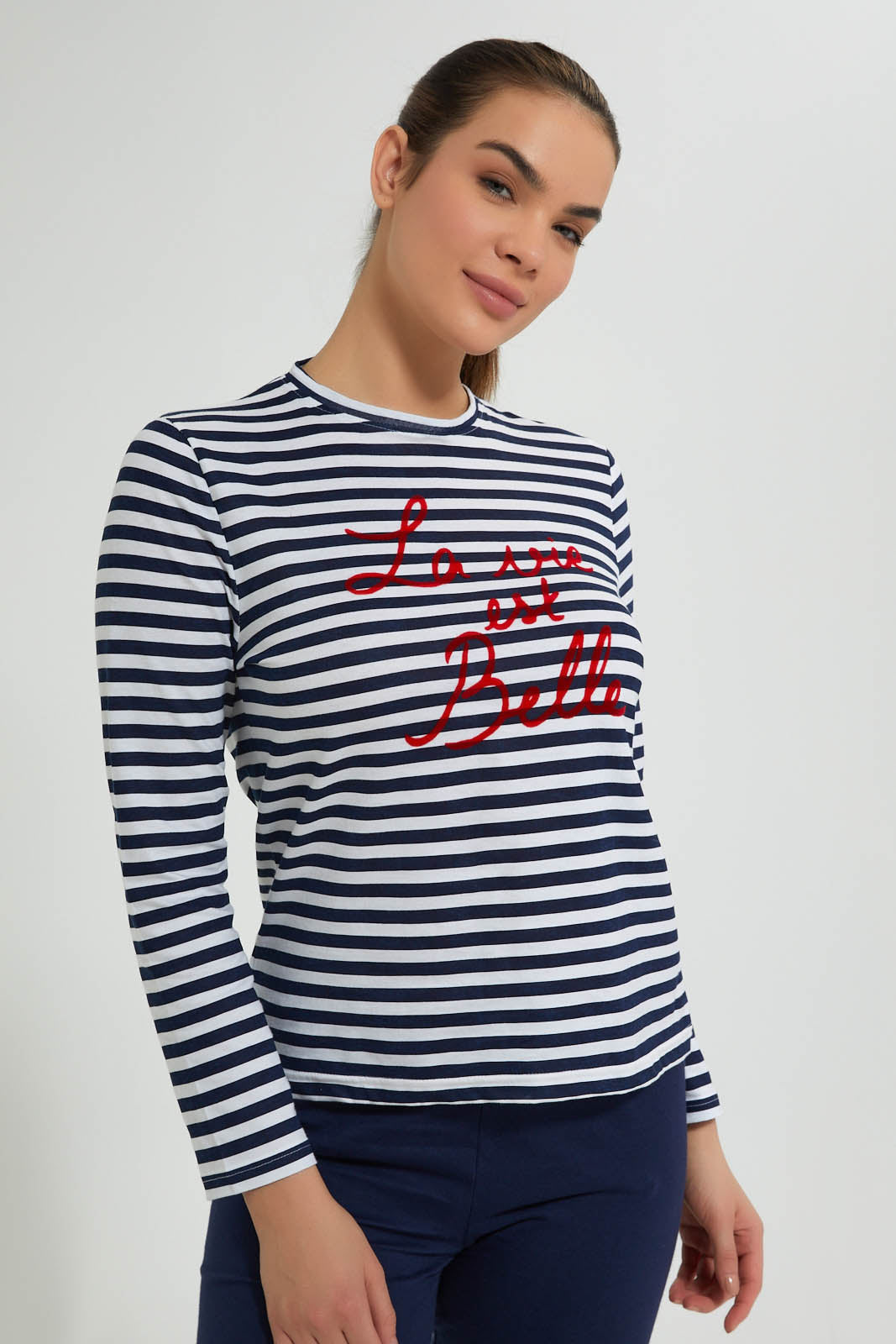 Redtag-White/Navy-Stripe-Printed-Pyjama-Set-Pyjama-Sets-Women's-