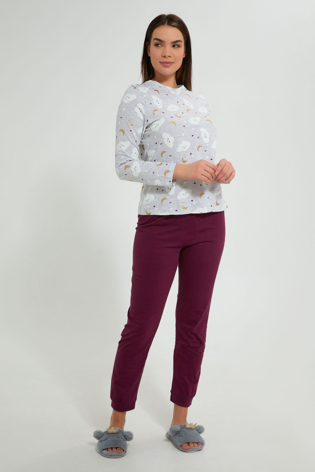 Redtag-Grey-Melange-Printed-Pyjama-Set-Pyjama-Sets-Women's-