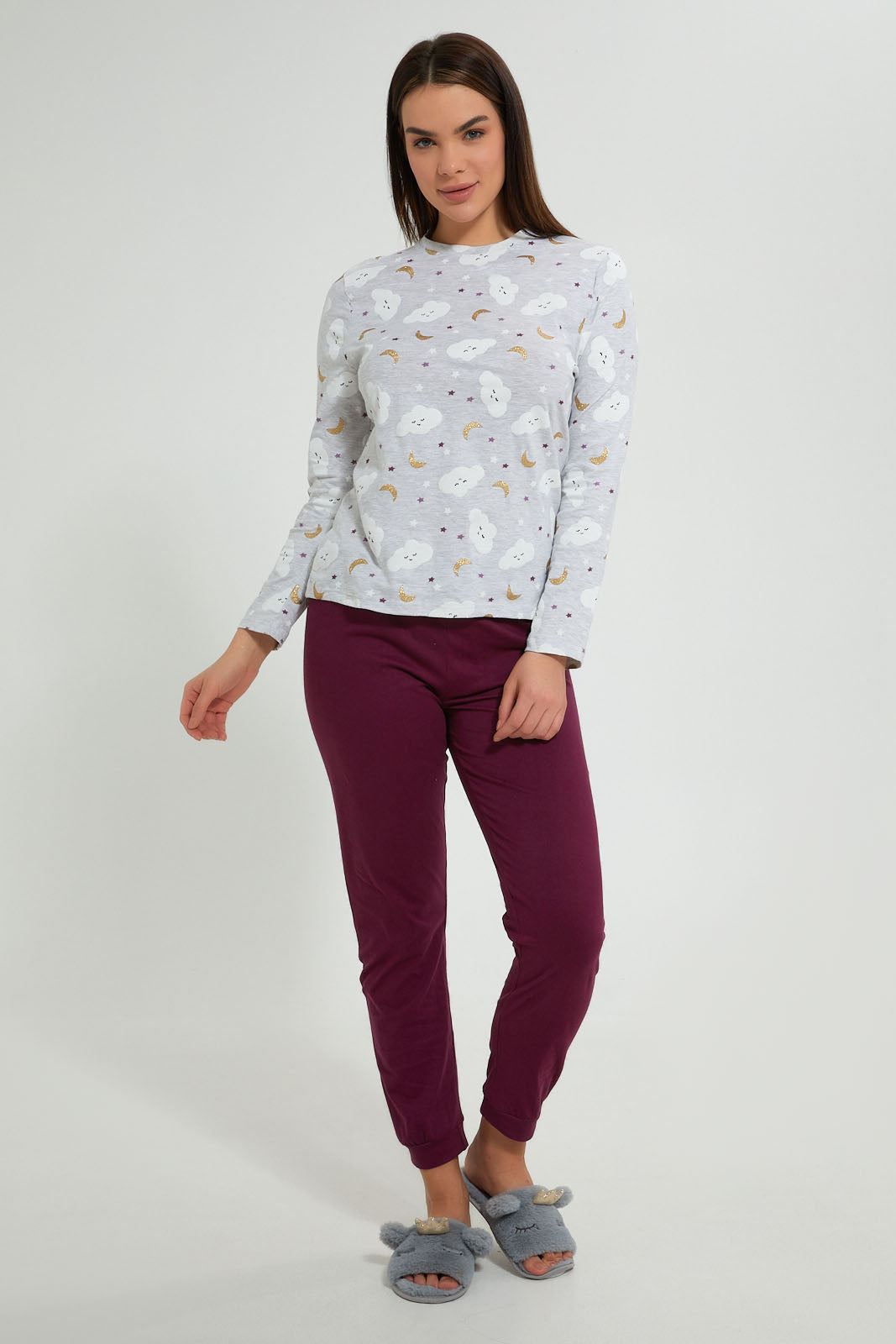 Redtag-Grey-Melange-Printed-Pyjama-Set-Pyjama-Sets-Women's-