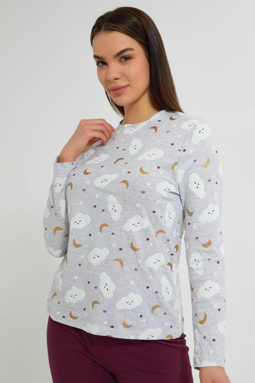 Redtag-Grey-Melange-Printed-Pyjama-Set-Pyjama-Sets-Women's-