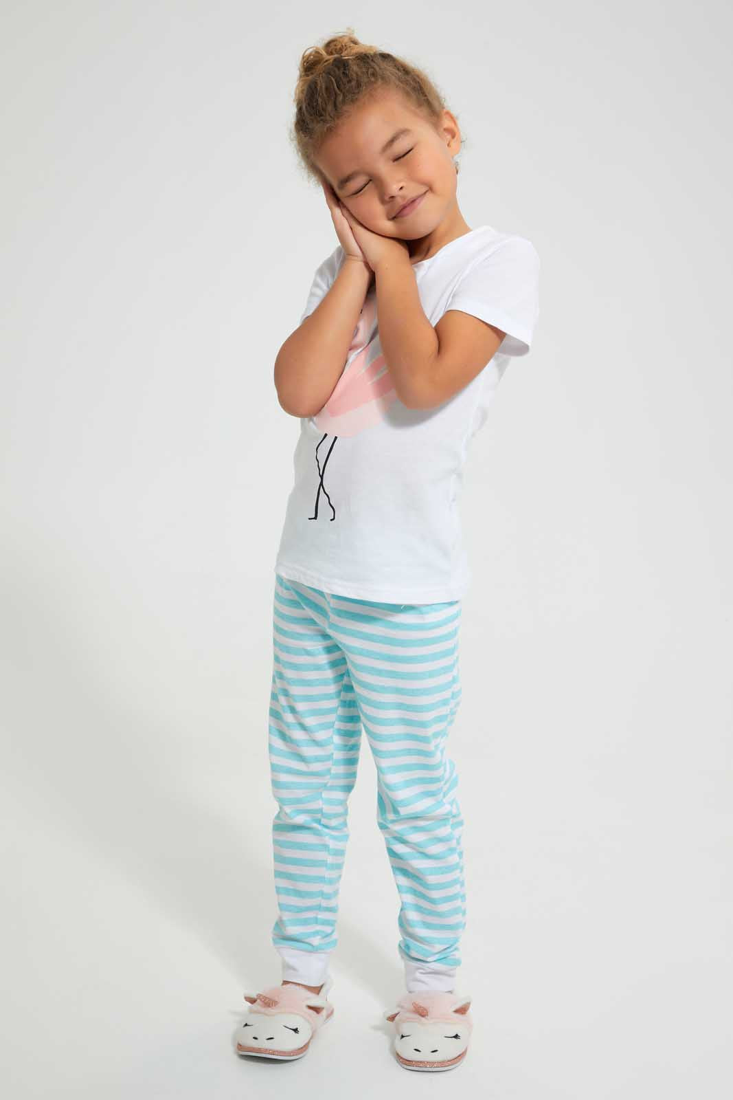 Redtag-White-Flamingo-Print-Nightsuit-With-Cuff-Bottom-Pyjama-Sets-Girls-2 to 8 Years